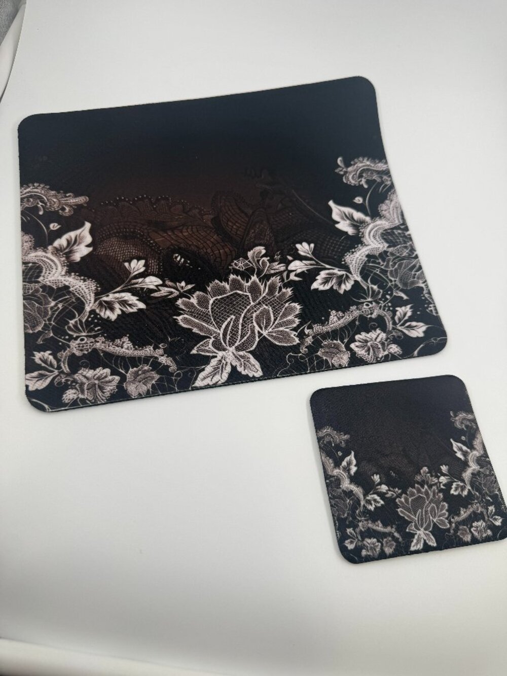 NEW! Beautiful Black & White Lace Mouse Pad & Coaster Set